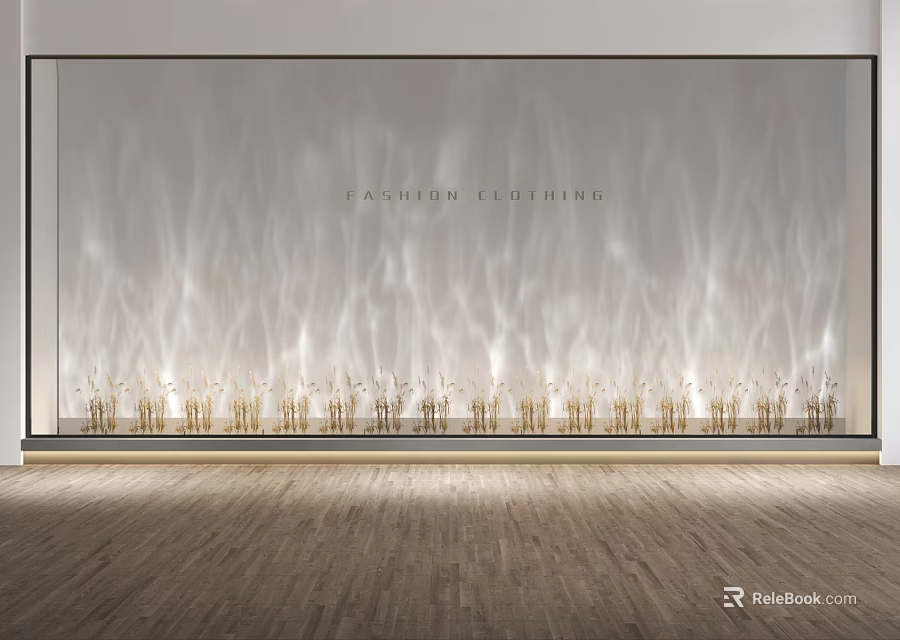 Fashion Clothing Interior With Wavy Textured Wall and Golden Decorative Plants on Wooden Floor 3d model 