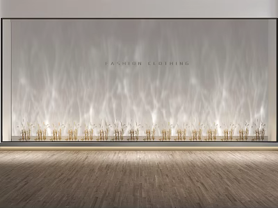 Fashion Clothing Interior With Wavy Textured Wall and Golden Decorative Plants on Wooden Floor 3d model