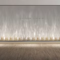 Fashion Clothing Interior With Wavy Textured Wall and Golden Decorative Plants on Wooden Floor