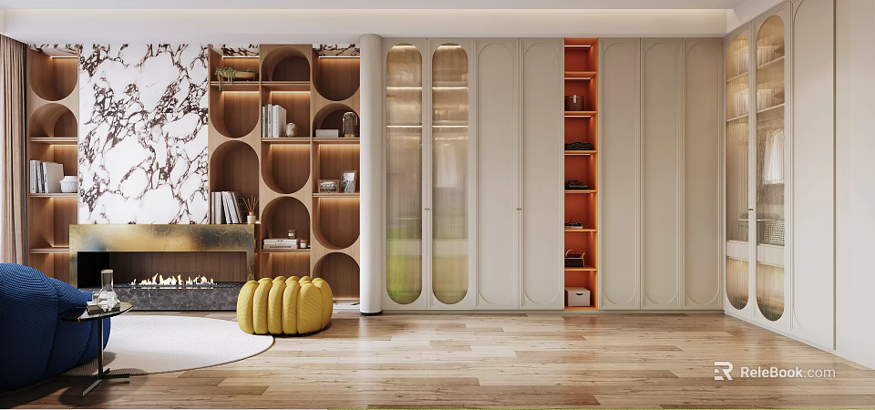 Modern Walk In Closet Design With Circular Shelves And Glass Doors 3d model 