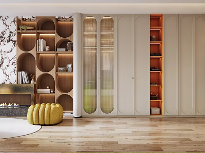 Modern Walk In Closet Design With Circular Shelves And Glass Doors 3d model