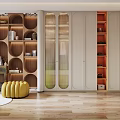 Modern Walk In Closet Design With Circular Shelves And Glass Doors