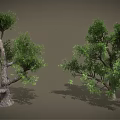 Cartoon Scene Featuring Two Trees With Green Leaves And Curved Trunks On Gray Background