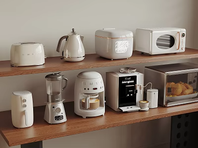 White Kitchen Appliances Display on Wooden Shelves Including Toaster Kettle Microwave and Coffee Maker 3d model