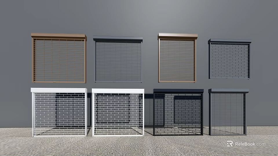 Brown Gray White Black Window Shutters With Slatted And Grid Designs 3d model 