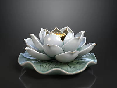 Lotus Shaped Decorative Ornament Set With White Petals Green Base And Gold Accents 3d model