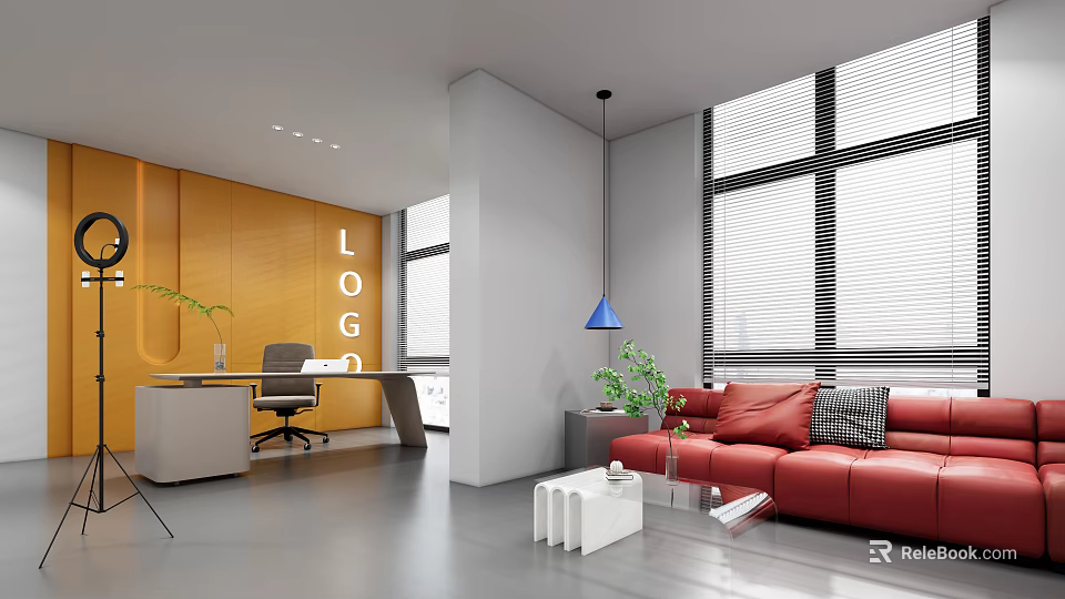 Modern Public Office Space Interior With Red Sofa Desk Green Plants And Windows 3d model 
