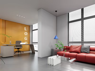 Modern Public Office Space Interior With Red Sofa Desk Green Plants And Windows 3d model