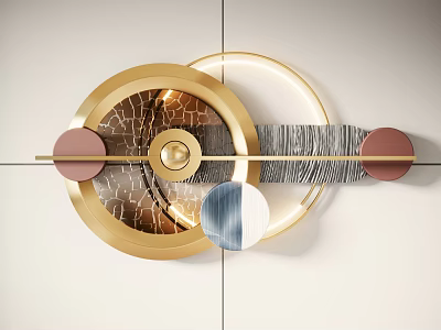 Modern Wall Decor With Golden Circular Rings Cracked Texture Red Blue Accents And Metal Strip 3d model