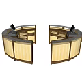 Modern Curved Reception Desk With Wooden Elements Light Panels And Computer Monitors