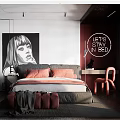 Modern Bedroom Interior With Black And White Portrait Orange Pillows Neon Sign And Pink Chair