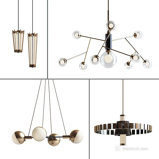 Modern Chandelier Designs With Geometric Metal Frames Spherical Glass Shades And LED Bulbs 3d model 