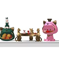Decorative Ornament Set with Cat Shaped Figurines Rabbit Design Fruit Tray Pink Green Black Accents