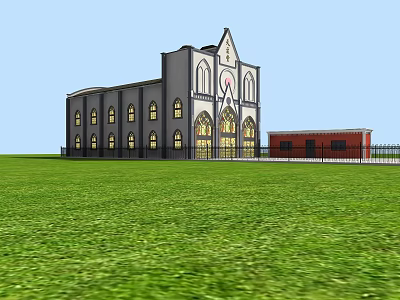 Gothic Style Building With Arched Windows Spire And Red Brick Structure On Green Lawn 3d model