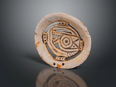 Intricate Ancient Circular Sculpture Carving with Geometric Patterns Eye Design and Pale Orange Speckled Openwork 3d model