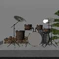Acoustic Drum Set With Cymbals Microphone Stand Near Wood Logs And Bonsai Tree
