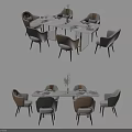 Modern Simple Dining Table Set With Rectangular Top Six Beige Gray Chairs And Tableware Vase 3d model
