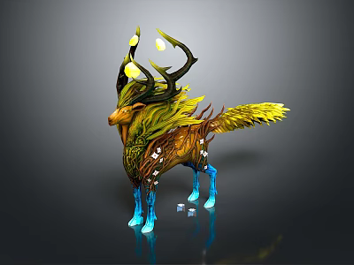 Fantasy Creature With Glowing Yellow Antlers Green Yellow Feathered Body Blue Legs On Crystal Base 3d model