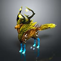 Fantasy Creature With Glowing Yellow Antlers Green Yellow Feathered Body Blue Legs On Crystal Base