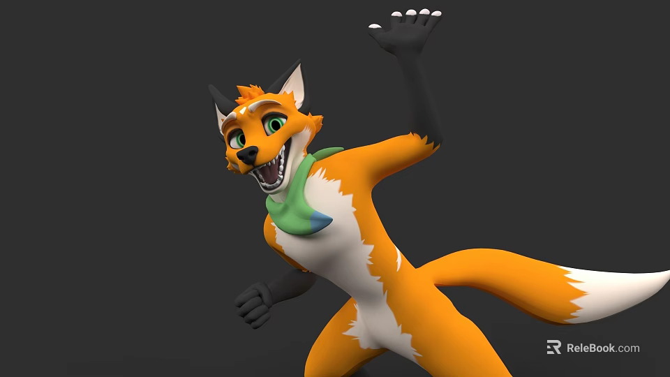 Energetic Orange White Fox Game Movie Character With Green Eyes Scarf And Black Paws 3d model 
