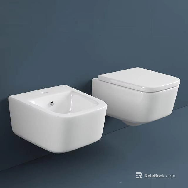 White Wall Mounted Toilet With Bidet On Dark Blue Wall Background 3d model 