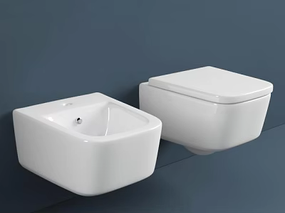 White Wall Mounted Toilet With Bidet On Dark Blue Wall Background 3d model