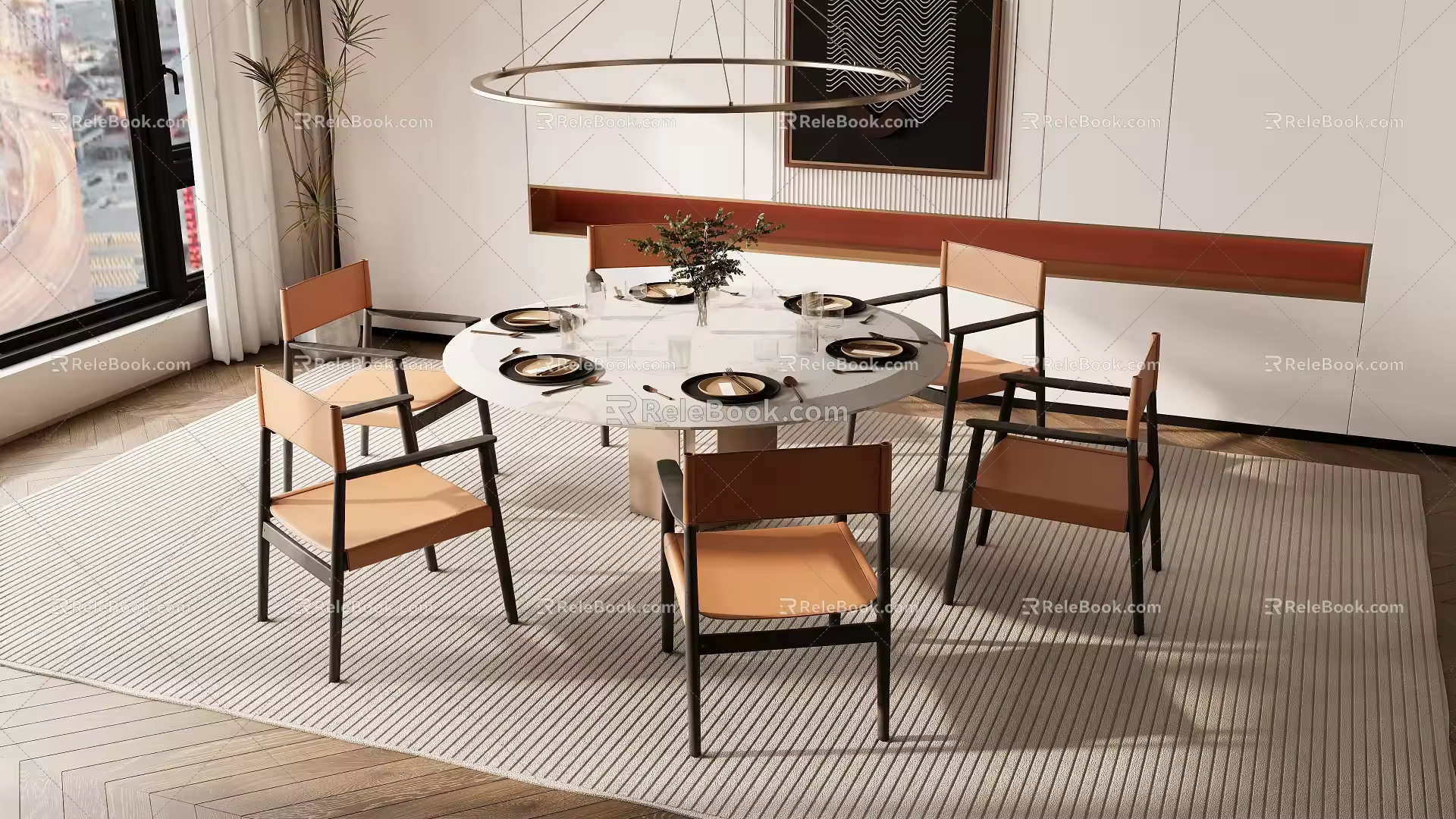 New Chinese Dining Table and Chair Combination Background Wall 3d model