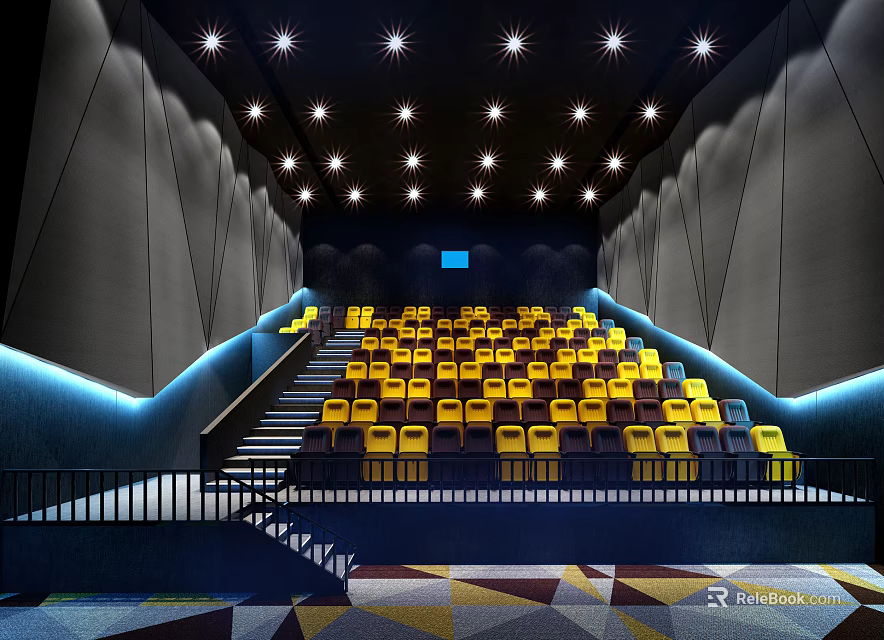 Spacious Modern Cinema Interior With Yellow Seats Rows Staircases And Ceiling Lights 3d model 