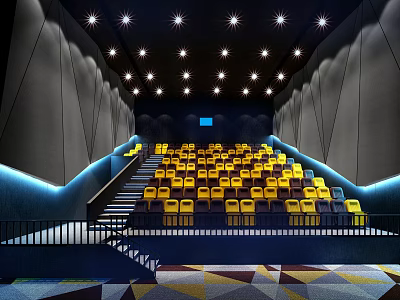 Spacious Modern Cinema Interior With Yellow Seats Rows Staircases And Ceiling Lights 3d model