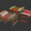 Vintage Metal Bed Frames Set Of Three With Red Sheets Green And Orange Pillows