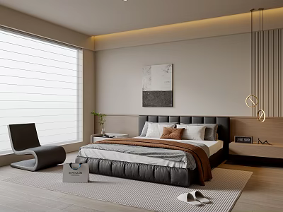 Modern Bedroom Interior With Comfortable Bed Cushions Throw Blanket Accent Chair And Artwork 3d model