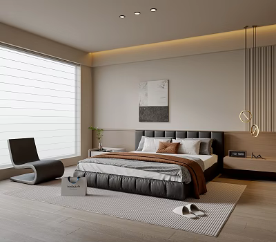 Modern Bedroom Interior With Comfortable Bed Cushions Throw Blanket Accent Chair And Artwork 3d model