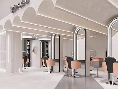 Elegant Modern Hair Salon Interior With Arched Design Hairdressing Chairs Mirrors And Lighting 3d model