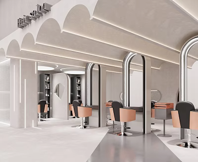 Elegant Modern Hair Salon Interior With Arched Design Hairdressing Chairs Mirrors And Lighting 3d model