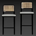 Stylish Black Wood Bar Stools With Natural Rattan Back And Soft Padded Grey Fabric Seats