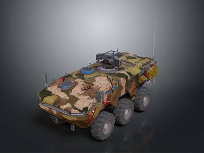 Camouflage Utility Vehicle With Multi Wheel Design And Roof Mounted Equipment 3d model
