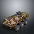 Camouflage Utility Vehicle With Multi Wheel Design And Roof Mounted Equipment