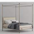 Elegant Four Poster Double Bed with Metal Frame Beige Headboard Gray Bedding and White Pillows