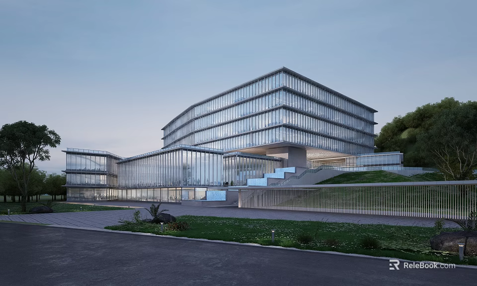 Modern Multi Storey Glass Office Building Exterior With Lawn Staircase And Roadway 3d model 