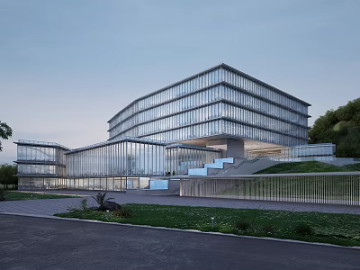 Modern Multi Storey Glass Office Building Exterior With Lawn Staircase And Roadway 3d model