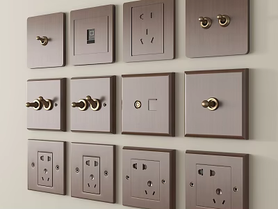 Metallic Bronze Switch Panels with Various Switches Sockets Neatly Arranged on Wall 3d model