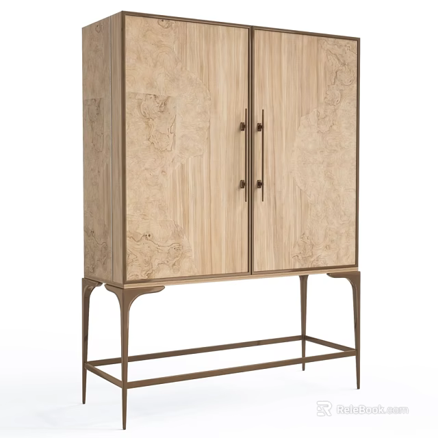Elegant Modern Wooden Cabinet Featuring Burl Wood Surface And Metal Handles Legs 3d model 