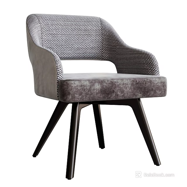 Modern Velvet Upholstered Dining Chair With Perforated Back Armrests And Dark Wooden Legs 3d model 