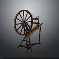 Antique Spinning Wheel With Red Wooden Wheel Wooden Frame And Metal Stand