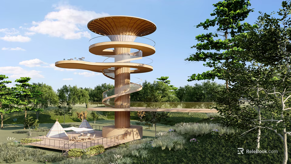 Spiral Wooden Roadside Walkway Structure In Park With Green Trees And Grass 3d model 