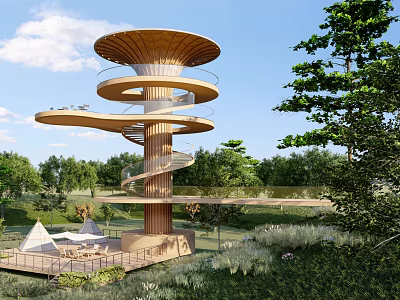 Spiral Wooden Roadside Walkway Structure In Park With Green Trees And Grass 3d model