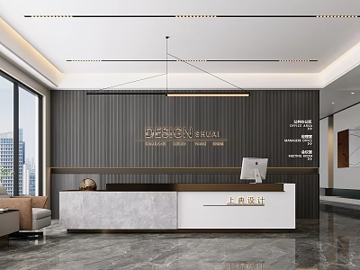 Elegant Reception Desk with Marble Countertop Wooden Accent Wall Hanging Pendant Light in Spacious Lobby 3d model