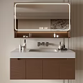 Modern Bathroom Vanity Cabinet With Backlit Mirror White Countertop And Brown Storage Design