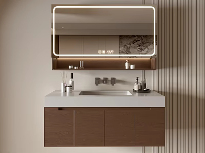 Modern Bathroom Vanity Cabinet With Backlit Mirror White Countertop And Brown Storage Design 3d model
