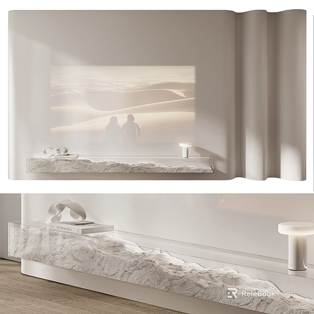 White TV Stand With Stone Texture And Projection Silhouettes In Modern Living Room 3d model 